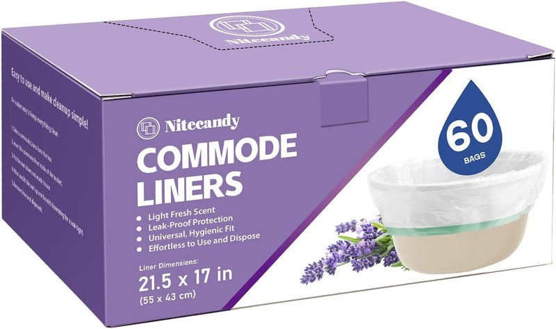 Nitecandy Commode Liners for Bedside Commode, 60 Count Universal Fit, Disposable Toilet Bags for Bedside Commode, Portable Toilet, Bed Pan, Medical Grade & Lavender Scented - Image 1